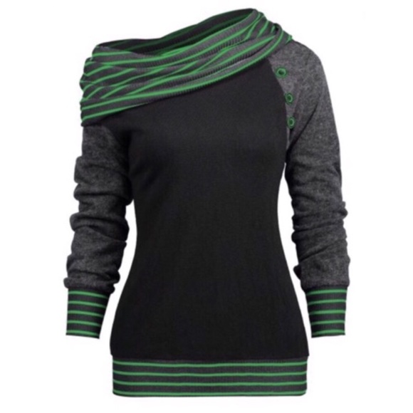Tops - Green/Gray Striped Skew Neck Raglan Sleeve Tee